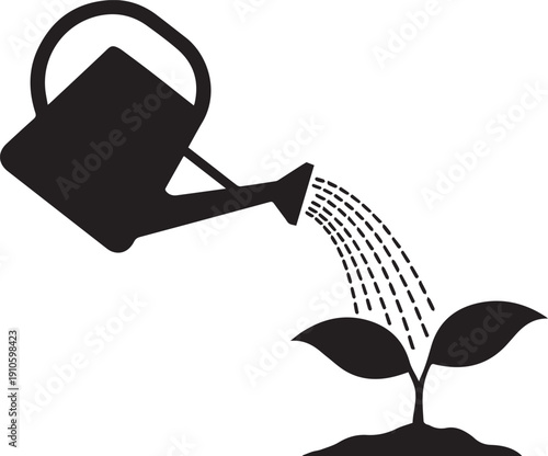 Watering can pouring water on seedling vector silhouette illustration plant care line art