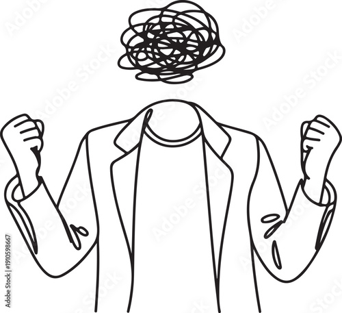 Continuous one line drawing businesswoman with round scribbles instead of head. Angry woman raised fist, shout or screaming expression. Woman expresses negative emotion. Single line draw design vector