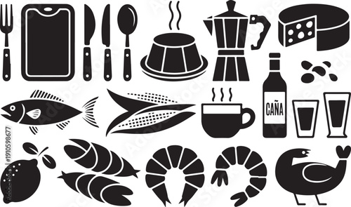 Conjunto de comidas nordestinas. Comidas de milho, batata, cachaça e café. Northeastern food set.