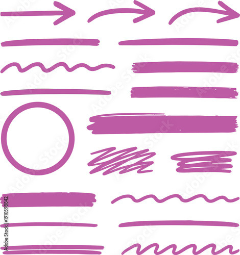  line brush arrow, underline, highlight scribble set. Marker pen line brush hand drawn arrow stroke sketch element shape graphic transparent