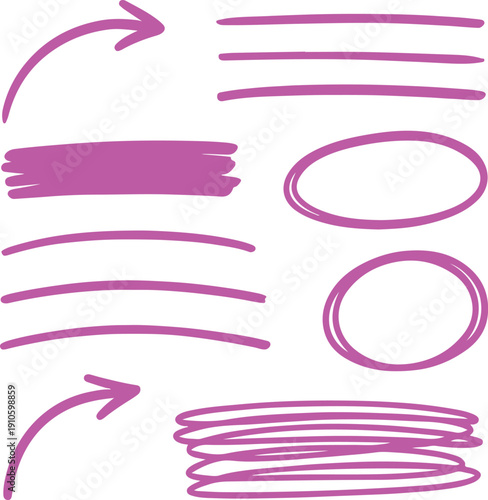  line brush arrow, underline, highlight scribble set. Marker pen line brush hand drawn arrow stroke sketch element shape graphic transparent