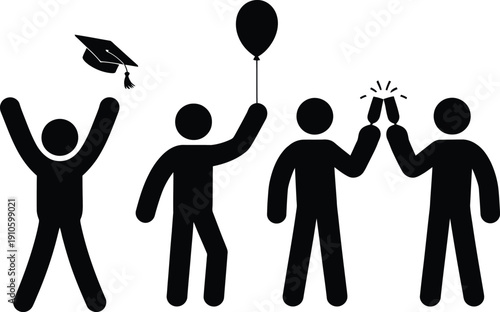 Black silhouettes of students celebrating graduation with a cap toss balloon and toast