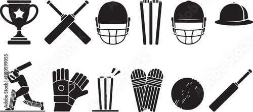 Cricket related icon set. Cricket game vector collection isolated on transparent background. Ball, Bat, gloves, best man, helmet, wicket, cup trophy and cap or more elements. Sports sign for web app
