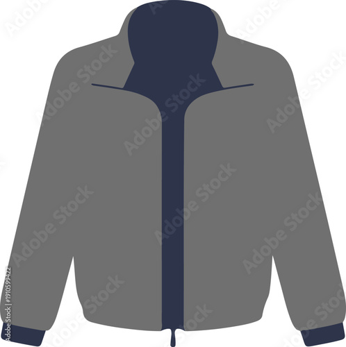 Front view of a grey and navy blue full zip track jacket with collar