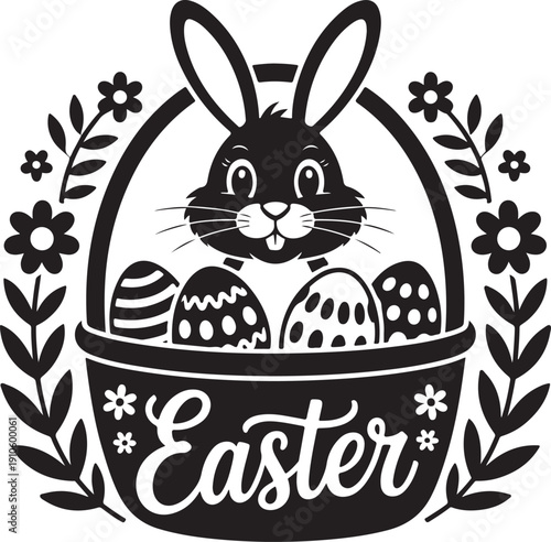 aster basket with bunny and eggs isolated on white background, Vector, illustration