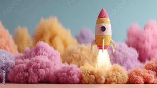3D render of a colorful rocket ship launching, smoke clouds, claymorphism style, soft pastel colors, startup launch concept, cute aesthetic 