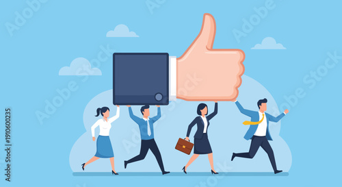 Four professionals sprint forward bearing a massive thumbs-up symbol, illustrating the collective effort and teamwork necessary to drive social media engagement and earn widespread positive feedback