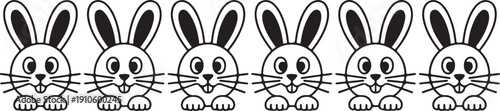 Easter bunny face, rabbit ear with paw, whisker. Doodle hare, black cute line character vector icon isolated on white background. Animal hand drawn illustration