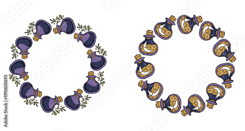 Mystical Round Wreaths Set. Isolated Circular Frames with Magical potion bottle with Crescent Moon and Branch. Color Hand Drawing Doodle for magic, esoteric design. Vector Illustration