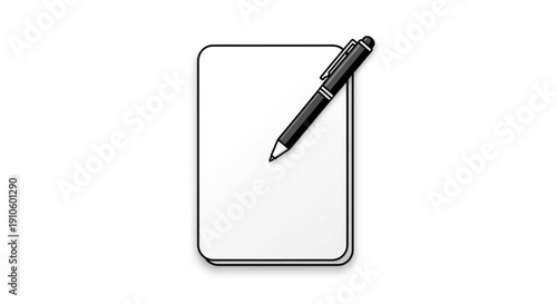 A black pen lies on a blank notepad with rounded corners on a white background simple office supplies