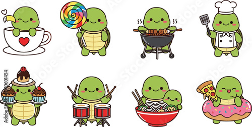 Cute kawaii turtle food character vector set with cooking, eating desserts, barbecue, pizza and playful cartoon animal illustrations
