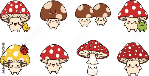 Cute kawaii mushroom characters vector set with smiling toadstools, forest friends and playful cartoon fungi illustration for kids designs