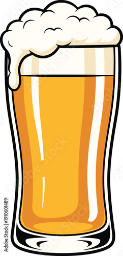 Illustration of a golden beer in a tall glass with overflowing foam
