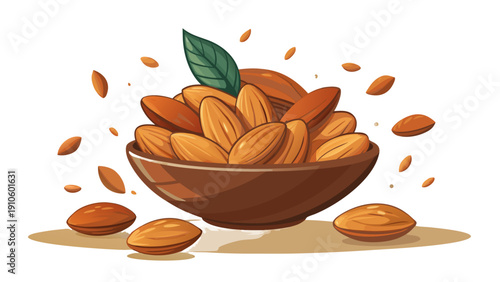 Almond Nuts in Wooden Bowl Illustration Isolated on White
