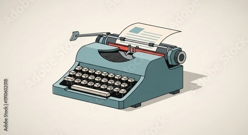 Vintage teal typewriter with paper and red ribbon on beige background writing and communication tool