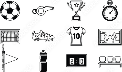 Soccer essentials icons vector illustration set, sports equipment graphic design, football tactical elements artwork, athletic competition emblem branding logo, game accessories collection