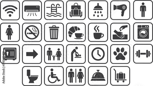 Hotel and Hospitality Vector Icons - Black and White Travel Amenities and Service Symbols