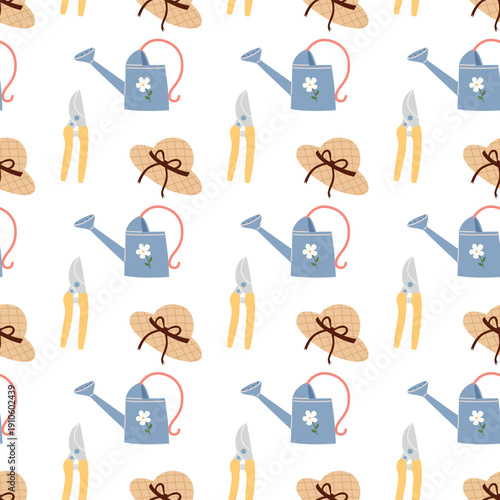 Gardening Tool Hand Drawn Cute Seamless Pattern for Fabric and Wallpaper, Rustic Garden Background