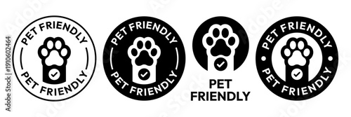 Pet Friendly icon set. Vet approved, Veterinary diet, Veterinarian approved icons. Pet Friendly logo, label, sign, badge, symbol, line, flat vector, isolated illustration. Dogs and cats allowed sign.