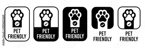 Pet Friendly icon set. Vet approved, Veterinary diet, Veterinarian approved icons. Pet Friendly logo, label, sign, badge, symbol, line, flat vector, isolated illustration. Dogs and cats allowed sign.