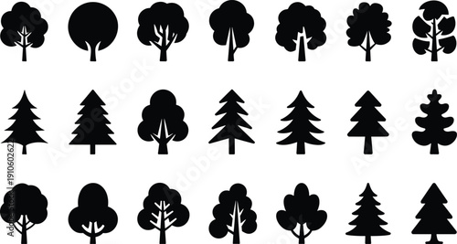 Minimal black tree silhouette icon set featuring pine, fir, and deciduous forest trees isolated on white background for nature and design projects