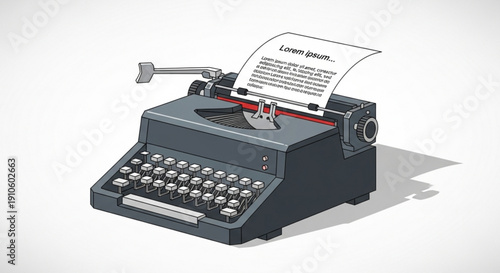 Vintage typewriter with paper and keys on white background symbolizing writing and literature
