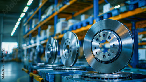 Shiny new metallic brake discs lined up in warehouse with shelves full of industrial automotive parts in the background and bright workshop lighting