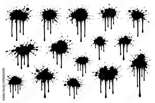 Set of black ink splatters with dripping effects on white background.