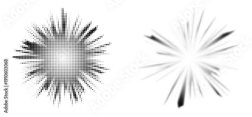 Abstract Halftone Burst Elements Set with Dotted Explosion Effect. Halftone Radial Burst Effect Patterns with Dynamic Gradient Dots. 