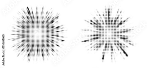 Abstract Halftone Burst Elements Set with Dotted Explosion Effect. Halftone Radial Burst Effect Patterns with Dynamic Gradient Dots. 