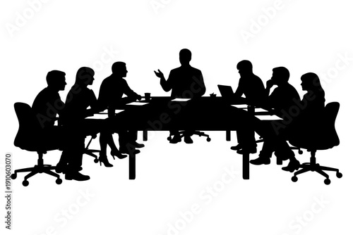 Silhouette of diverse business meeting with eight adults around table.