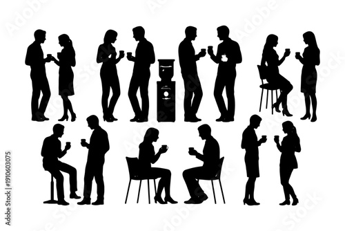 Silhouettes of diverse adults socializing and conversing around a water cooler.