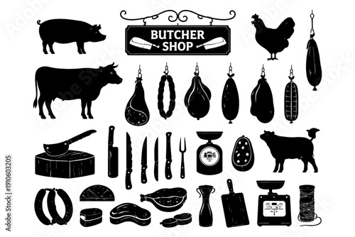 Butcher shop icons: pig, cow, meat cuts, and tools silhouettes.
