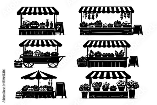 Silhouette of farmers market stalls with fresh produce and flowers.