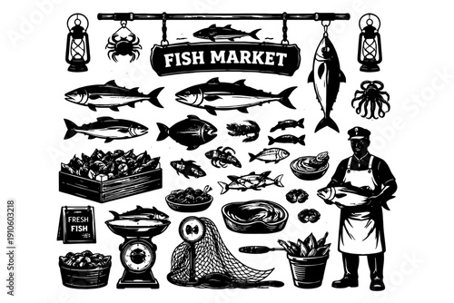 Vintage fish market illustrations with seafood, fisherman, and market elements.