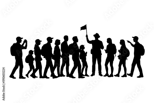 Silhouette of diverse group on walking tour with guide holding flag.