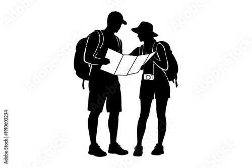 Silhouettes of travelers reading map: male and female exploring adventure.