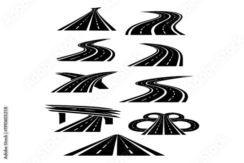 Set of eight stylized black shapes of various road designs.