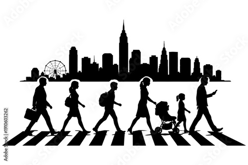 Silhouette of diverse people walking across crosswalk in urban cityscape.