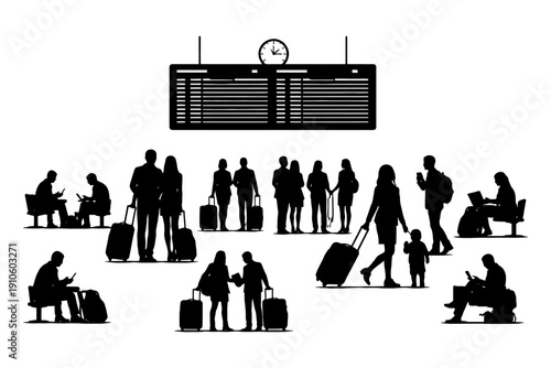 Silhouette of diverse travelers at airport with luggage and departure board.