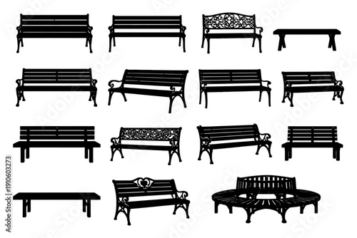 Silhouette collection of various park benches.