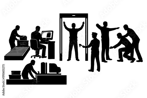 Airport security screening process with scanners and detectors.