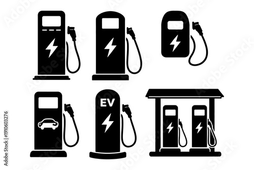 Electric vehicle charging stations: icons and symbols for sustainable transportation.