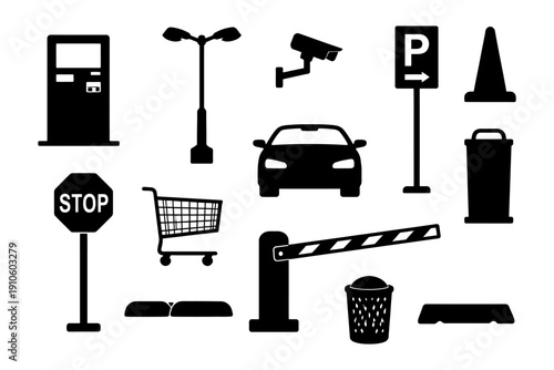 Silhouette icons of parking elements and accessories.