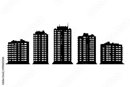 Silhouette of urban skyline with five tall buildings in black and white.