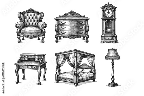 Vintage furniture engraving set, antique interior decor sketches in woodcut style isolated on white