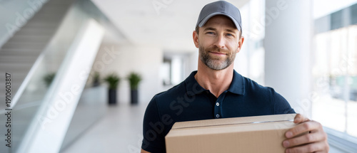 Smiling delivery man holding cardboard box in modern bright hallway wearing casual uniform and cap