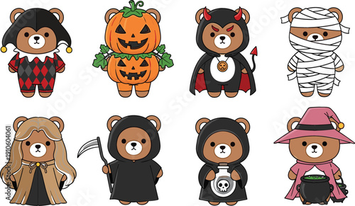 Cute Halloween bear characters vector set with costumes including pumpkin, vampire, mummy, witch and spooky outfits for kids and festive designs