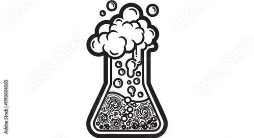 Chemical Reaction in a Laboratory Flask with Bubbles and Fumes, Illustrated in Black and White