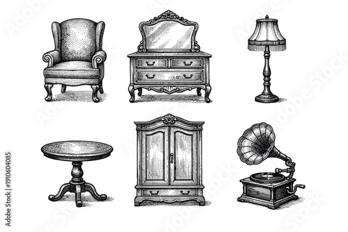 Vintage furniture engraving set, antique interior decor sketches in woodcut style isolated on white